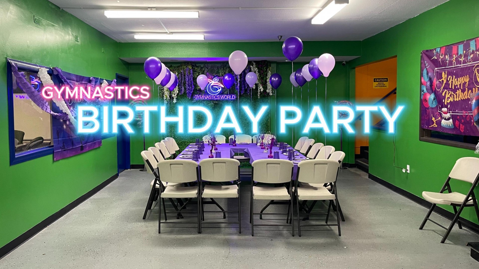 Gymnastics Birthday Party, Green room with tables and chairs setup for kids, purple decoration and balloons.  Text reads Gymnastics Birthday Party.