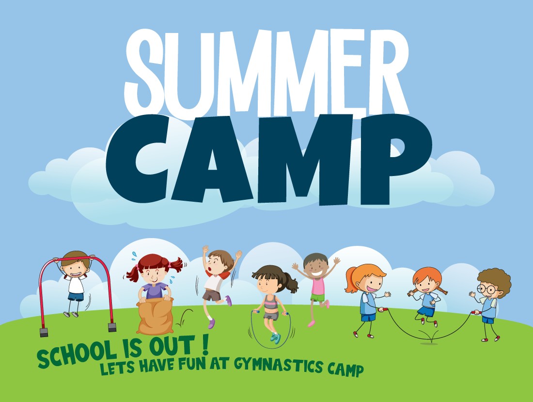 Gymnastics camps for kids Poster of summer camp cartoon of kids jumping outdoors on grass clouds in the sky